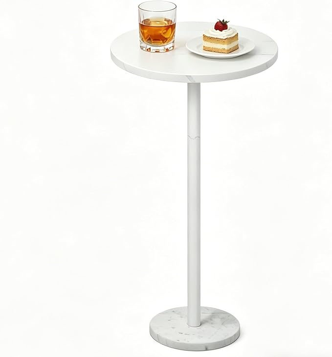 Small Drink Table Round White Side Table with Weighted Marble Base, Indoor Outdoor Pedestal Side Table for Small Spaces, Living Room, Bedroom, Sofa Couch, Office
