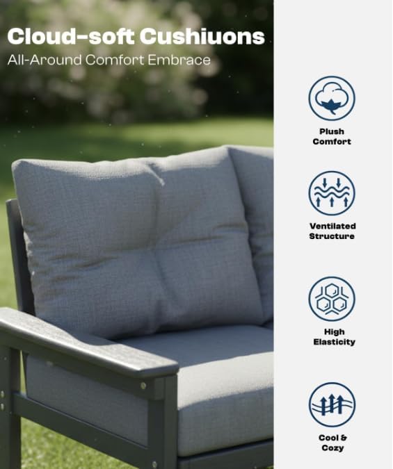 HDPE Outdoor Patio Furniture Set, 7-Piece Patio Conversation Sets with Coffee Table & Side Table & Grey Washable Thick Cushions, Outdoor Sofa for Balcony, Poolside, Porch(Grey Frame)