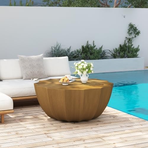 35" Indoor Round Coffee Table, Waterproof Coffee Table Modern MgO Cement Design End Tables for Living Room, Outdoor Patio Coffee Tables for Garden, Backyard, Balcony, Wood