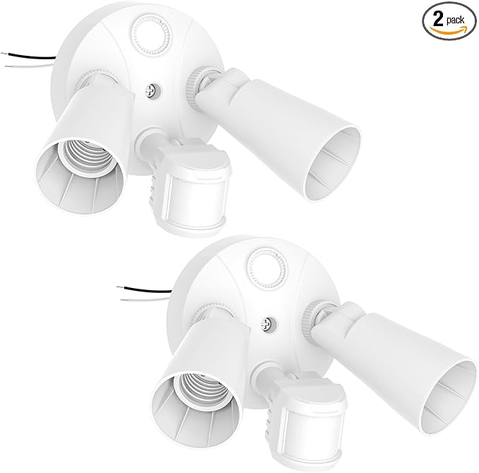 Onforu 2 Pack Motion Sensor Outdoor Lights, Dusk to Dawn Flood Light Fixture, Adjustable Dual PAR38 Heads, Hardwired Floodlight, E26 Base, 300W Max for Garage, Driveway, Yard, Porch, White