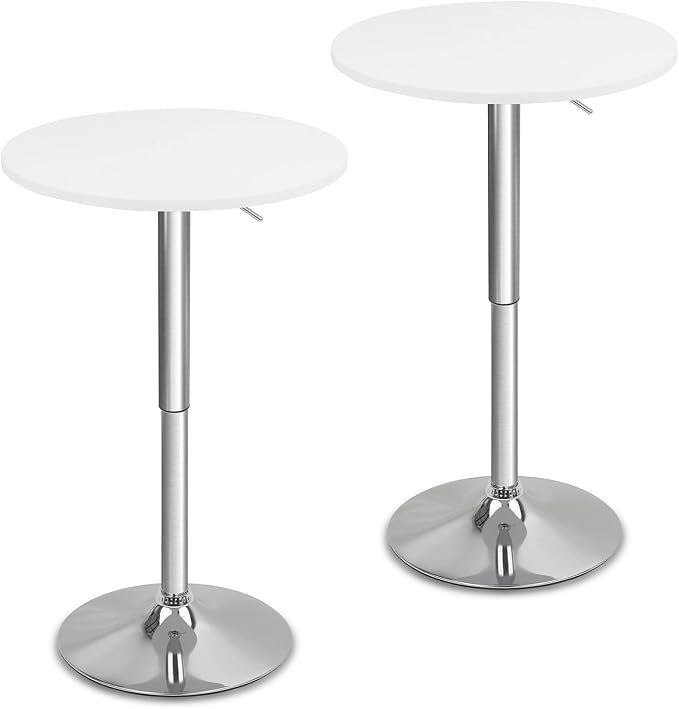 CLATINA Round Bar Pub Tables Set of 2, 26"-36" Height Adjustable Bistro Table with Metal Base, 360° Swivel High Top Cocktail Table for Home Kitchen Party Drink Restaurant Wedding Cafe Reception, White