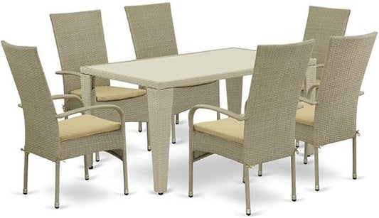 Pemberly Row 7-Piece Patio Dining Set, Natural Acacia Wood Table, Resin Wicker Armchairs with Water-Resistant Cushions, Steel Frame, Weather-Resistant Outdoor Furniture, 30x36x60 in Table for
