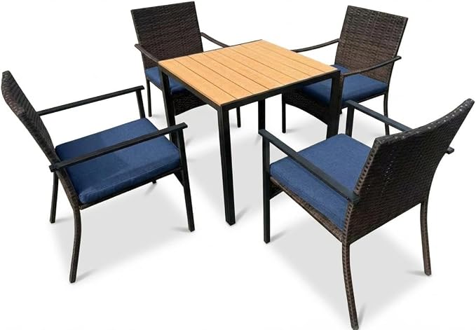 5 Piece Patio Dining Set, Wicker Outdoor Table and Chairs with Umbrella Hole ＆ Soft Cushion, Patio Furniture Set for Backyard, Garden, Poolside, Deck - Black＆Blue