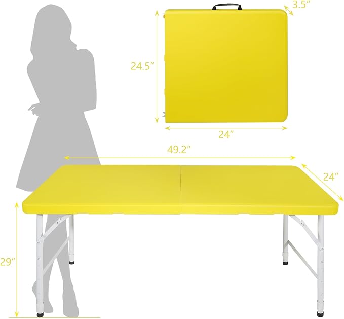 Anwick 4 Foot Folding Table Portable Fold-in-Half Plastic Picnic Table w/Handle and Steel Legs for Indoor, Outdoor, Camping, Party, Garden (Yellow, 4ft)
