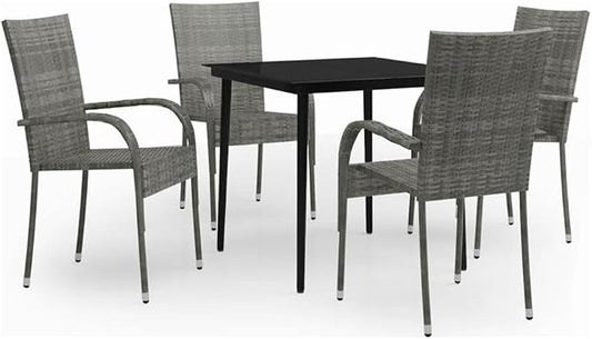 BOWERY HILL 5-Piece Patio Dining Set, Powder-Coated Steel and PE Rattan, Gray and Black Finish, Tempered Glass Tabletop, Contemporary Style Outdoor Garden Furniture for Balcony or Terrace