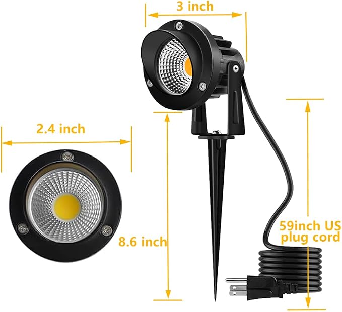 Romwish 10W Landscape Lighting, 120V Plug-in Outdoor Spotlights, 2 Pack | 3000K Warm White, 1100LM Bright LED, IP65 Waterproof, 120V Plug and Play, Adjustable 270° Beam for Yard Garden Lawn Tree