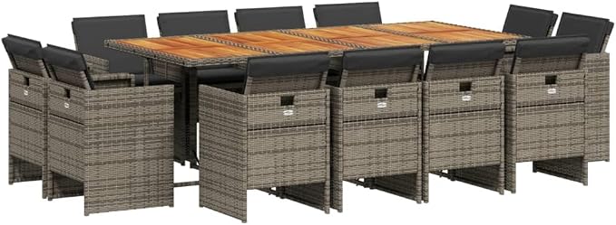 13-Piece Patio Dining Set with Cushions Gray Poly Rattan Outdoor Furniture Set for Backyard, Garden, Porch - Foldable Chairs & Acacia Wood Table