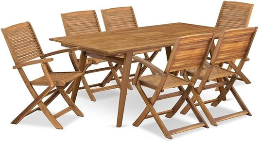 Pemberly Row 7-Piece Patio Dining Set, Rectangular Wood Table & 6 Folding Chairs, Natural Oil Finish, Lightweight Outdoor Furniture for Garden or Patio Dining with Small Gatherings, Easy to Store