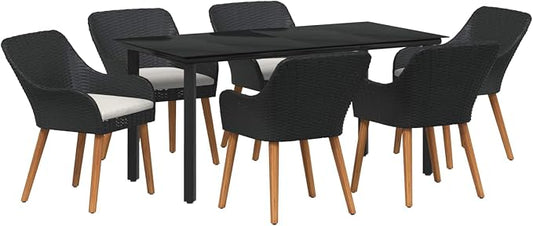 7 Piece Garden Dining Set, Black Poly Rattan Patio Furniture with Tempered Glass Table and Comfortable Cushions for Backyard Terrace