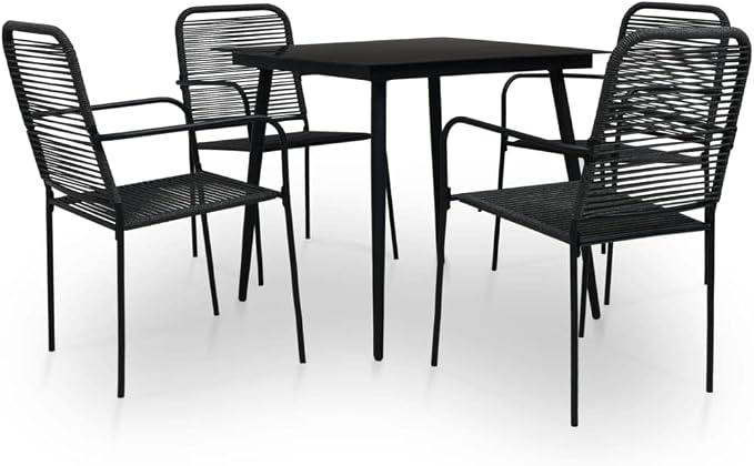 5 Piece Patio Dining Set Cotton Rope and Steel Black Outdoor Garden Furniture Set with Tempered Glass Table and 4 Chairs for Backyard Poolside Terrace Dining Room