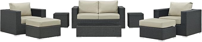 Modway Sojourn Wicker Rattan 8 Piece Outdoor Patio Sunbrella Sectional Set in Canvas Antique Beige