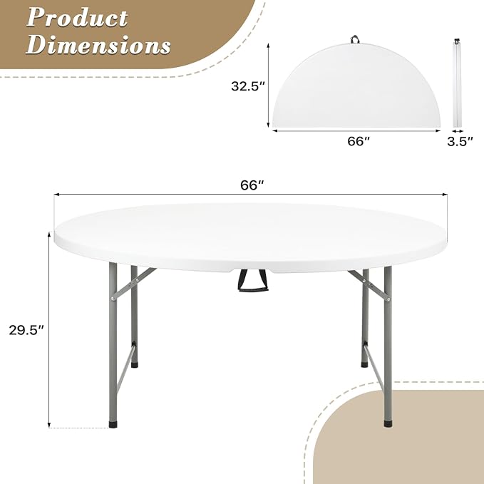 Athena Collection 5.5ft Folding Table, Portable Plastic Round Foldable Card Table, Indoor Outdoor Collapsible Craft Desk Dining Desk with Lock & Handle for Commercial Party Camping, White