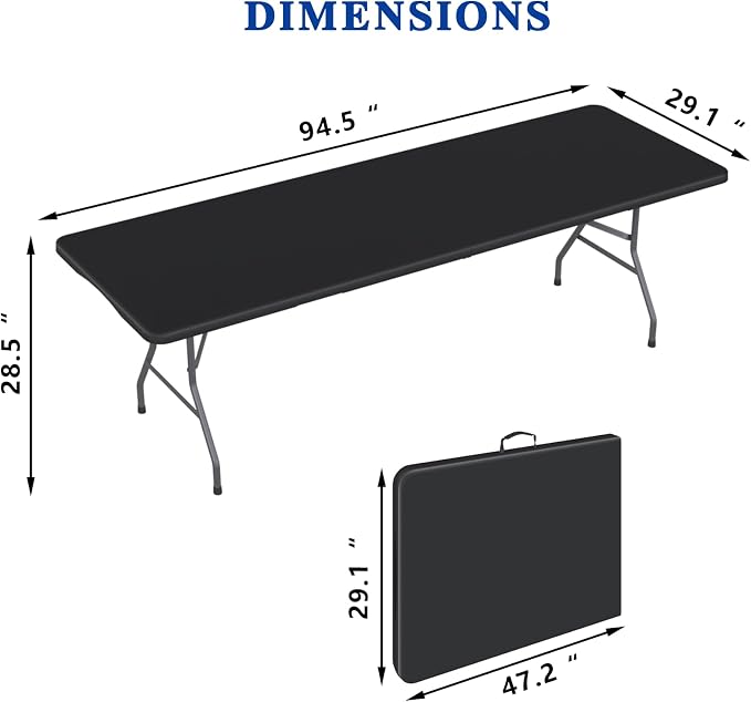 2 Pack 8FT Black Folding Table for Outdoor, 8 Foot Picnic Tables No Assembly Required Portable, Black Foldable Table for Camping, Parties, Meeting, Events, Wedding, with Carrying Handle