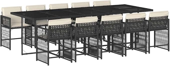11-Piece Garden Dining Set - Black Poly Rattan Patio Furniture with Tempered Glass Table and 10 Foldable Chairs for Outdoor Backyard Deck, Large Outside Table Set