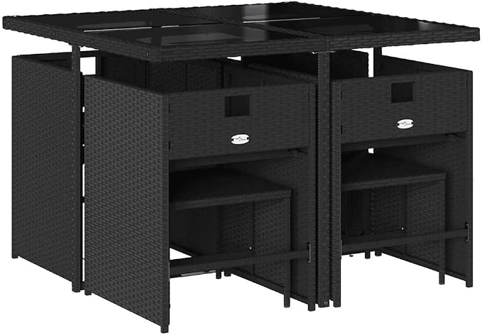 9-Piece Garden Dining Set, Outdoor Rattan Wicker Patio Furniture Set with Tempered Glass Table, 4 High-Back Chairs and 4 Stools for Backyard, Black and Cream White