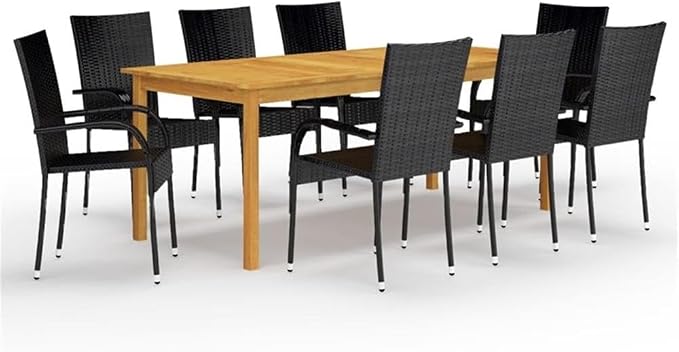 BOWERY HILL 9-Piece Patio Dining Set, Weather-Resistant PE Rattan, Black Finish with Natural Wood Acacia Table, Comfort Seating for 8, Indoor/Outdoor Use, Elegant Outdoor Furniture for Gatherings