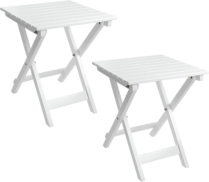 Outdoor Wooden Side Table, Folding Patio End Table Set of 2, Small Square Furniture Table for Adirondack Chair, Balcony, Porch, No Assembly, White