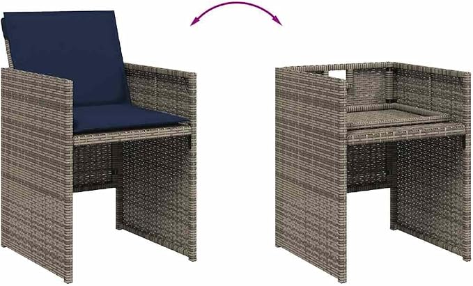 15 Piece Garden Dining Set with Cushions Grey Poly Rattan Outdoor Patio Furniture Set with 10 Folding Chairs Storage Stool Tempered Glass Table UV Resistant Max Load 110 kg Navy Blue