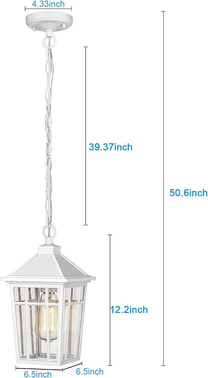 Darkaway Outdoor Pendant Light Fixture, Outdoor Hanging Light Porch Lights Fixtures Anti-Rust Waterproof Aluminum with Seeded Glass for Porch Entryway Doorway Farmhouse White
