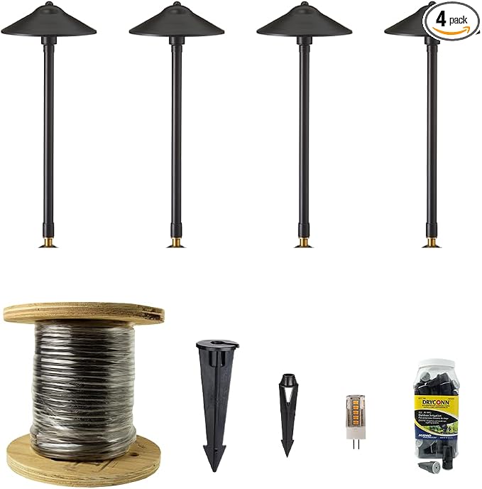 VOLT 12V Brass Max Spread LED Path Light 4-Pack Expansion Kit (Black) | 3W LED G4 Bulbs Produce 300 Lumens of 2700K Warm White Light, Ideal for Outdoor Pathway Walkway Garden Driveway or Patio