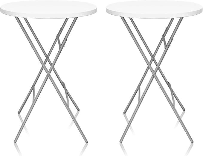 32in Cocktail Table, Plastic Folding Round High Top Indoor Outdoor Use, Foldable Bar Height Table for Parties and Commercial Events (White, 2 Pcs)