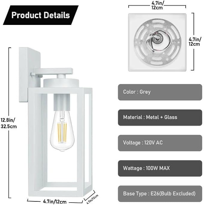 BesLowe Outdoor Wall Light Fixtures, Exterior Wall Lanterns, Grey | Waterproof Metal Construction, Rust-resistant, Quick & Easy Installation, Clear Glass Shades & Standard E26 Socket