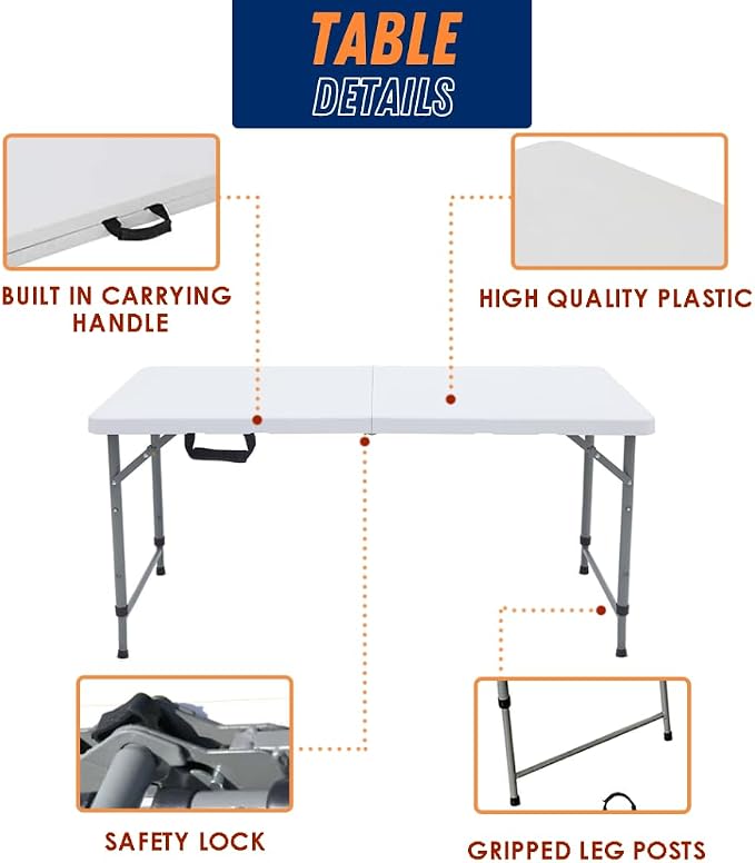 Folding Table Indoor Outdoor Heavy Duty Portable Folding Plastic Dining Table w/Handle, Lock for Picnic, Party, Camping - White (4ft, 6ft, 8ft) (4ft)
