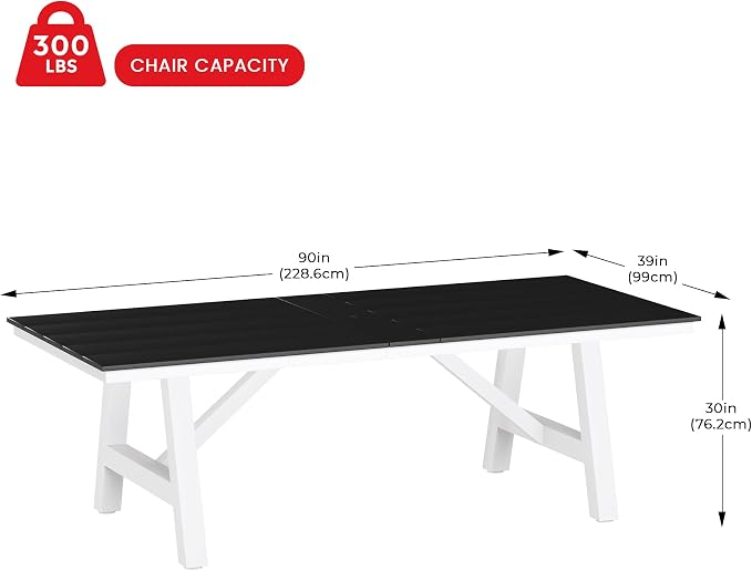 Costaelm Rectangle Patio Table, 8-Person Backyard Table 90" HDPE Dining Table with Umbrella Hole and Metal Frame for Outside, Garden, Poolside, Deck, Porch, Balcony, Black