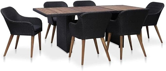 Afuera Living Contemporary Outdoor Dining Set, Black and Dark Gray Finish, PE Rattan with Powder-Coated Steel Frame, 78.7 x 39.4 x 29.1 in Table, Seats 6, Cushioned Chairs, Modern Patio Furniture for