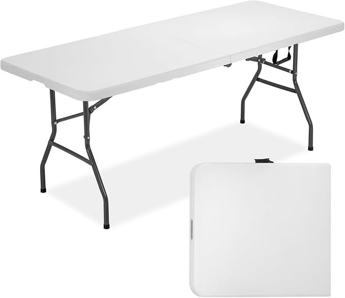 FDW 6 Foot Outdoor Dining Table, Foldable Portable Rectangular Plastic Folding Table with Built in Carrying Handle for Party and Wedding Use, White