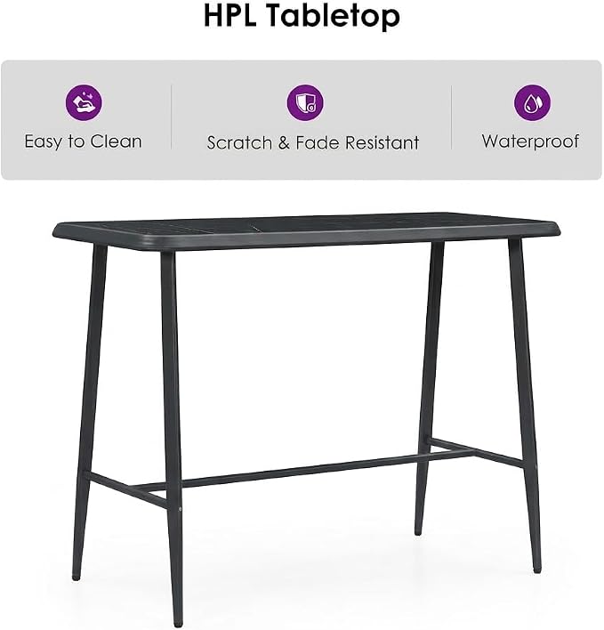 PURPLE LEAF Outdoor Counter Height Bar Table Rectangular Patio Pub Table with Waterproof Tabletop for Balcony Dark Grey