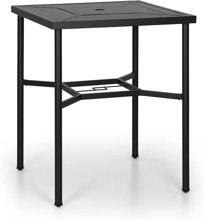 MFSTUDIO 38” Patio Counter Height Bar Table, with 32” Square Heavy Duty Metal Table Top for 4, All Weather Resistant Outdoor Table with Umbrella Hole, Black