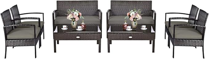 HAPPYGRILL 8-Piece Patio Furniture Set, Garden Pool Lawn Rattan Wicker Conversation Set, Loveseat Sofa Cushioned Seat & Glass Top Coffee Table