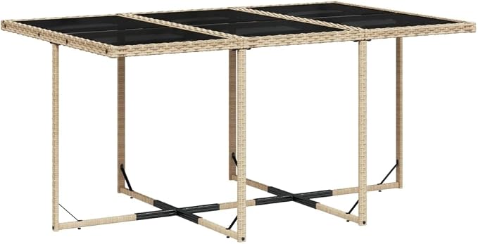 11 Piece Outdoor Rattan Dining Set with 10 Folding Chairs and Cushions Beige Poly Rattan for Patio Garden Backyard Relaxation Tempered Glass Table UV Proof 242.5 lb Capacity
