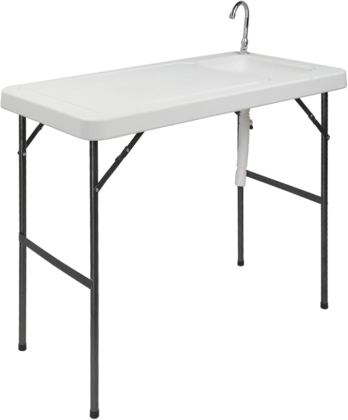 Outdoor Sink Fish Cleaning Table,Folding Fish Cleaning Table, Portable Camping Tables,Portable Camping with Cutting Tables with Sink Faucet,Outdoor Fillet Station for Picnic, White