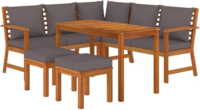 6-Piece Patio Dining Set, Solid Acacia Wood Outdoor Furniture with Thick Cushions, Rustic Brown Modular Garden Seating Sofa, Table and Footstools for Deck, Backyard and Terrace