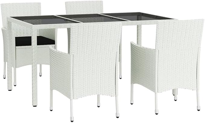 BOWERY HILL Patio Dining Set, Modern 5-Piece, White/Black Finish, Powder-Coated Steel Frame, Weatherproof PE Rattan, Tempered Glass Table for Garden, Balcony or Outdoor Patio Dining