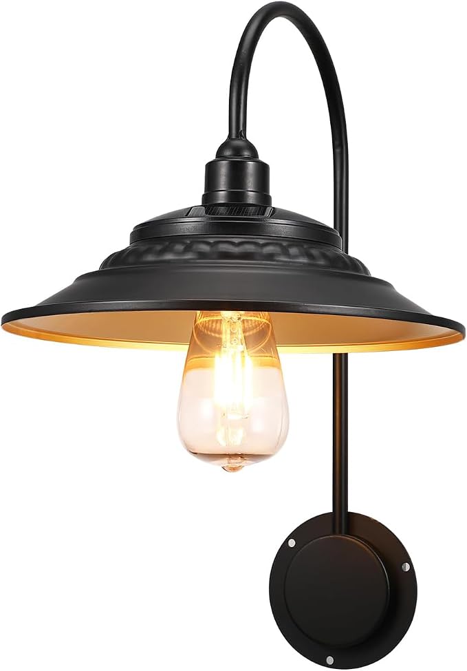 Solar Barn Lights Upgrade, 1PC Waterproof Wall Light Fixture, Rustic Vintage Metal Gooseneck Solar Wall Mount Lights with Gold Interior, for Outdoor Barn Shed Garage Porch (Black)