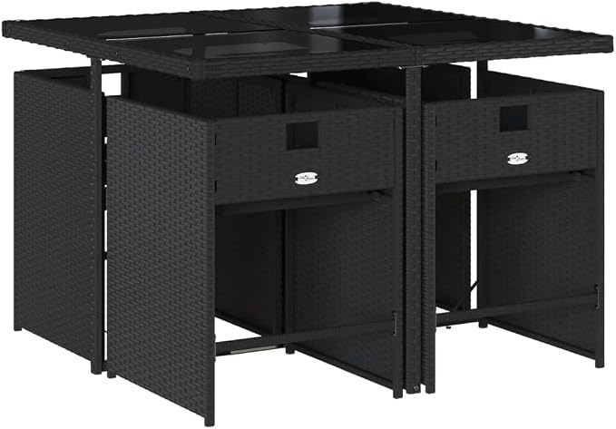 5 Piece Patio Dining Set with Cushions Black Poly Rattan Outdoor Furniture Table and 4 Chairs Foldable Stackable for Garden Backyard Deck Tempered Glass Top UV Proof 242.5 lb Capacity
