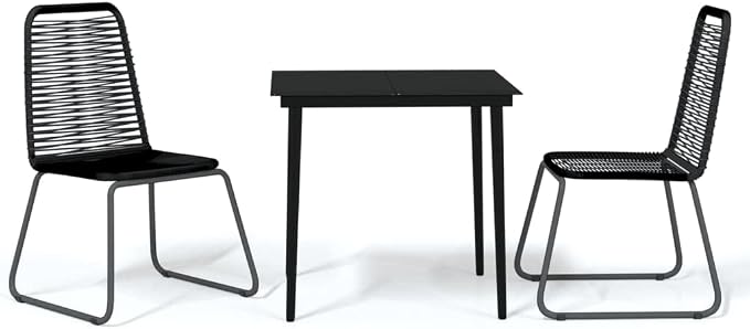 3 Piece Patio Dining Set Black Outdoor Bistro Table and Chairs with Glass Top Powder Coated Steel Frame and PE Rattan Seats for Garden Lawn Balcony Backyard