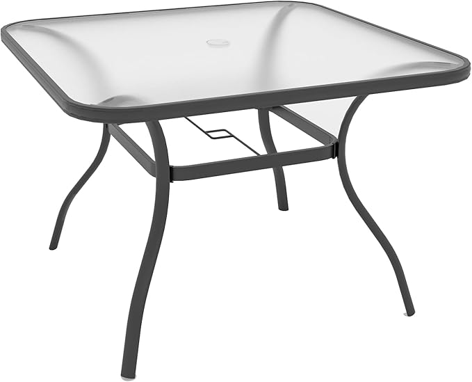 Outdoor 37" Square Glass Table & Brown Stackable Chairs Patio Dining Set 5 | 4 Piece Stackable Chairs Textilene Seat and Back, Table & Chair with Metal Frame, Square Glass Table Top, 1.7" Umbrella Hole