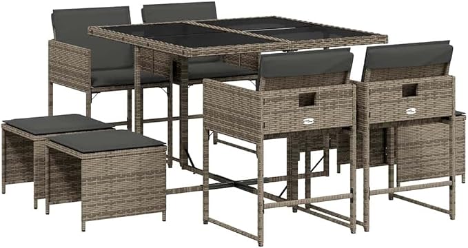 9-Piece Outdoor Dining Set, 8-Seater Patio Furniture, Foldable PE Rattan Chairs and Table, Grey Garden Seating for Backyard Deck