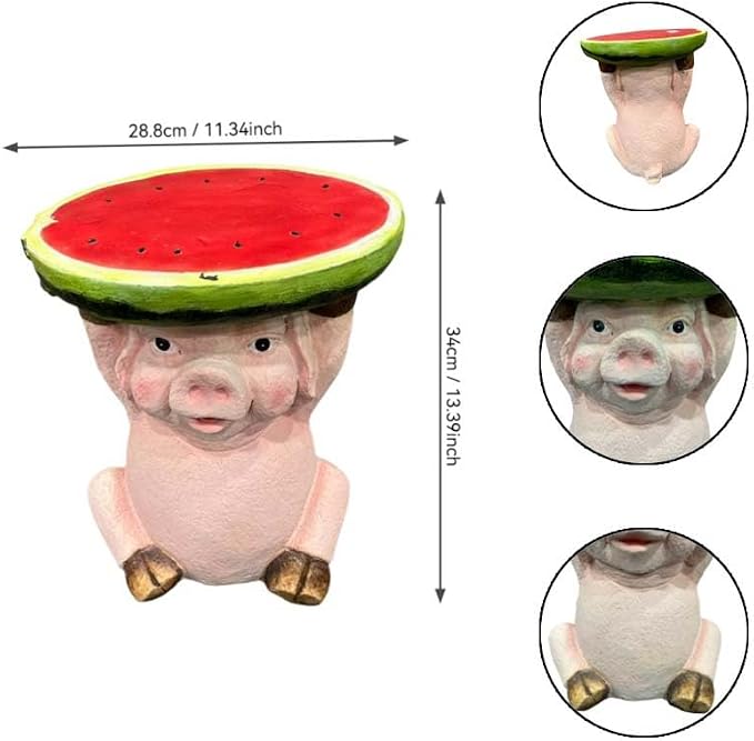 13.4" Cute Pig Side Table w/ Watermelon Top, Resin Plant Stand, Pink+Red | Multi-Functional End Table for Home Garden Patio, Weather-Resistant, Fun Novelty Decor Accent