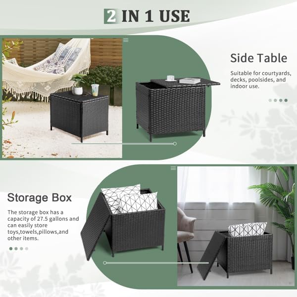 Outdoor PE Wicker Side Table with Storage, Patio Rattan End Table Square Container for Furniture Covers (Black)