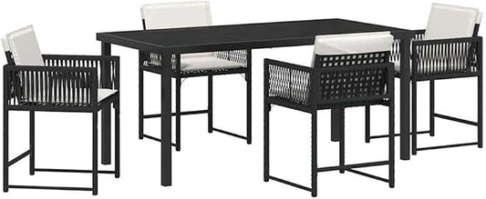 Afuera Living 5 Piece Poly Rattan Garden Dining Set, Black Finish, Weather-Resistant Patio Furniture with Steel Legs, Glass-Top Table and Chairs, Modern Outdoor Set for Gardens, Patios, or Terraces