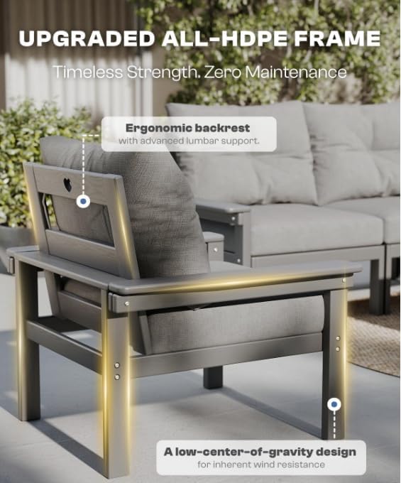 HDPE Outdoor Patio Furniture Set, 7-Piece Patio Conversation Sets with Coffee Table & Side Table & Grey Washable Thick Cushions, Outdoor Sofa for Balcony, Poolside, Porch(Grey Frame)