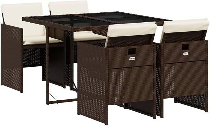 5 Piece Patio Dining Set with Cushions Brown Poly Rattan Outdoor Table and 4 Folding Chairs with Removable Washable Seat Cushions Tempered Glass Top UV Proof Garden Furniture for Backyard Deck Lawn