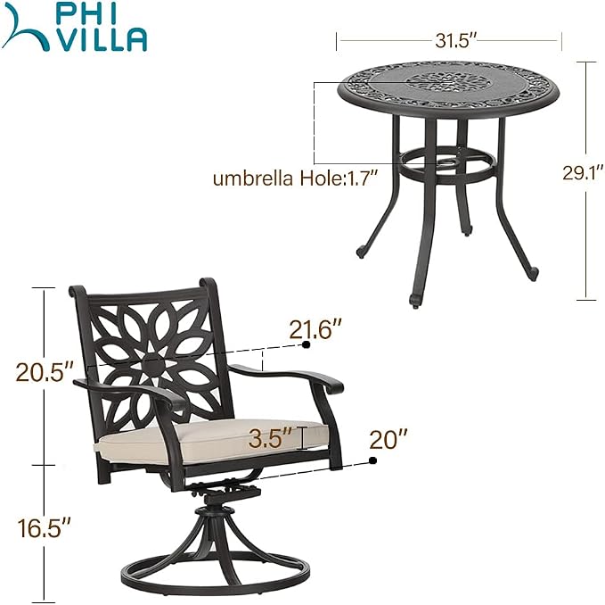 PHI VILLA 3-Piece Patio Bistro Set, 32" Round Cast Aluminum Table, Bronze | Swivel Chairs, Cushions Chairs, Umbrella Hole