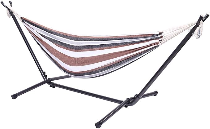 9 Ft Portable Outdoor Hammock Set with Iron Stand, Heavy Duty 2-Person, Polyester, for Backyard and Camping (Coffee)
