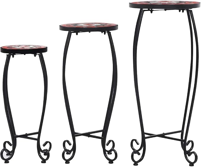 Set of 3 Mosaic Side Tables, Terracotta and White Round Tile Top Iron Accent Tables for Indoor and Outdoor Living Room Garden Patio Decor